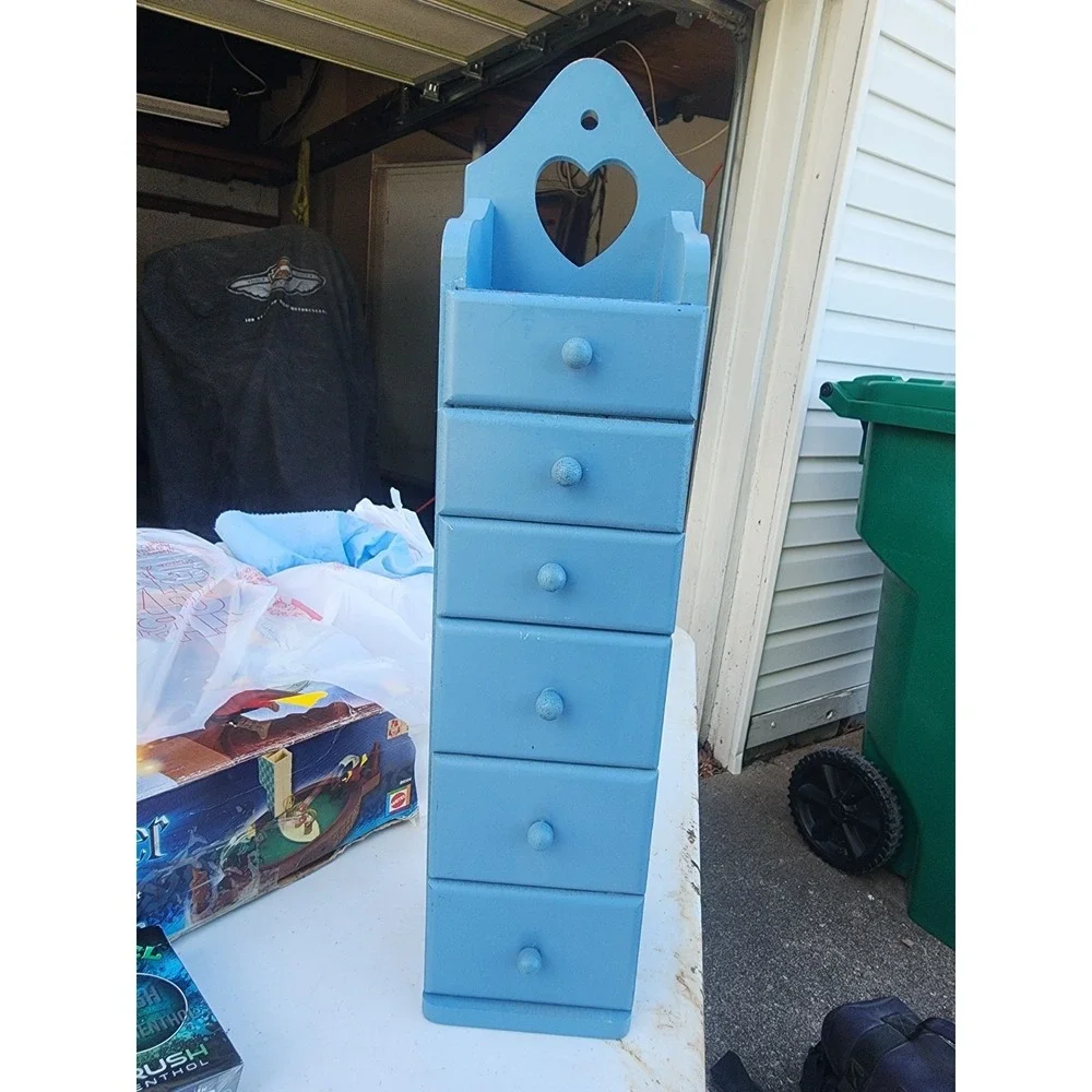 Vintage Blue 6 Drawer Wooden Heart Spice Cabinet What Not Shelf,  Heart Cutout,